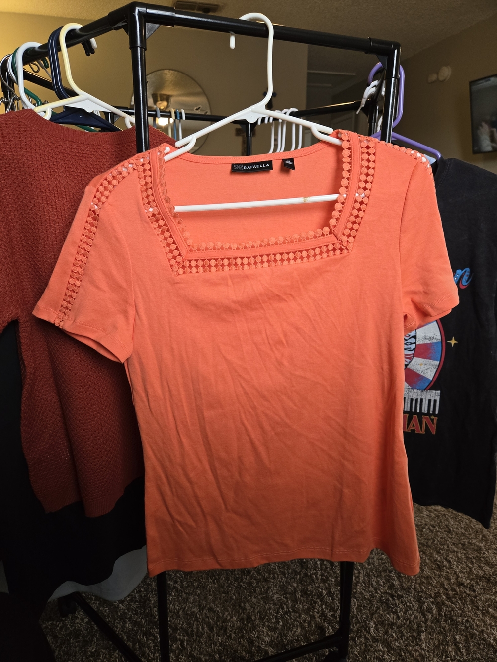 Rafaella Coral Square Neck Short Sleeve Tee with Crochet Detail